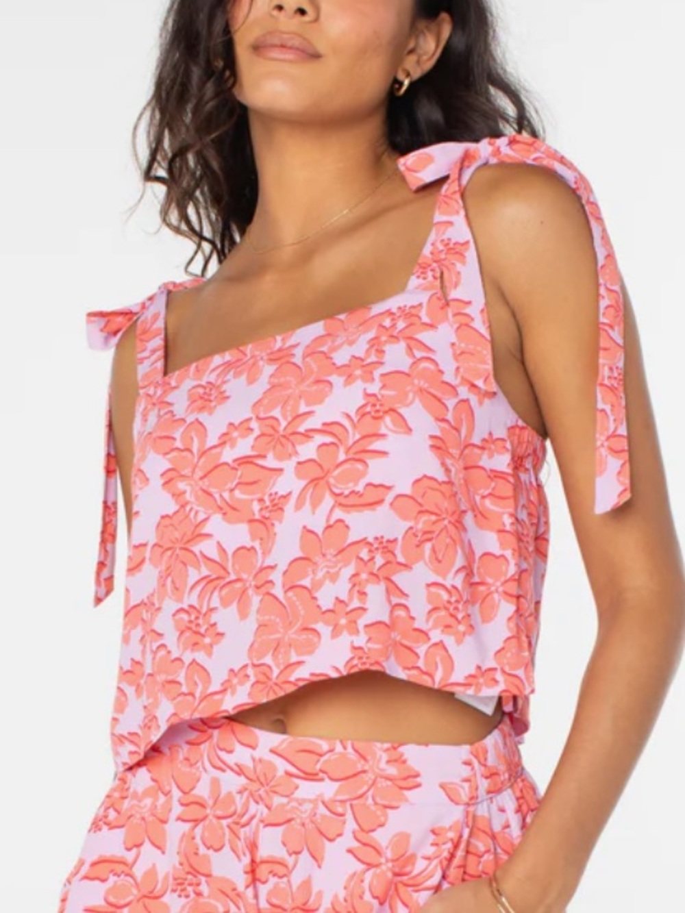 Women's Small Roxy Pink Floral Tie-Shoulder Crop Top